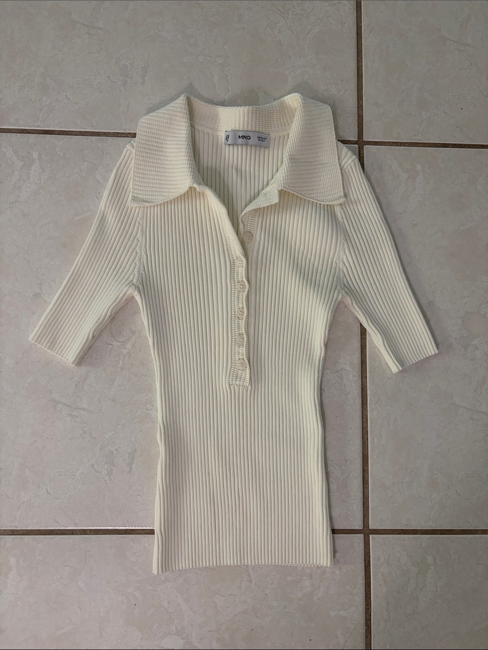 Mango Cream Ribbed Polo-Style Knit Top